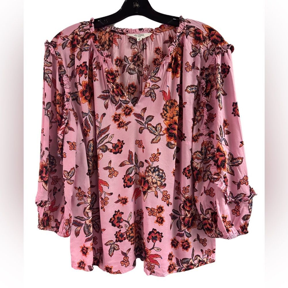Candace Cameron Bure Pink Floral Ruffle Balloon Sleeve Top Size S